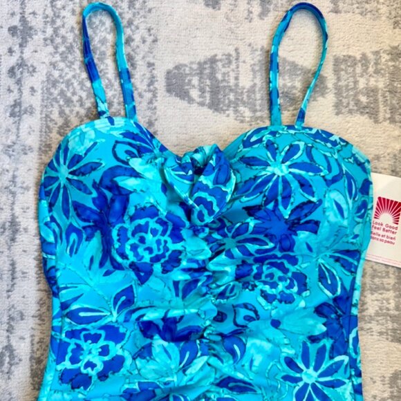 NWT It Figures! Tummy Thinner Turquoise and Blue Floral One Piece Swimsuit - Picture 2 of 4